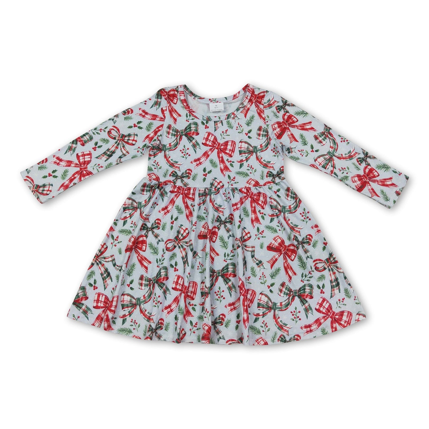 Long sleeves red green plaid bows girls Christmas dress