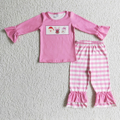 Santa deer snowman shirt plaid pants pink girls Christmas clothes