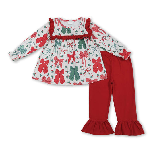 Green red bow tunic ruffle pants girls Christmas clothes