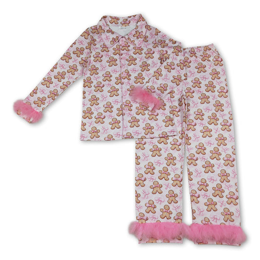 Gingerbread bow fur adult women Christmas button down pajamas