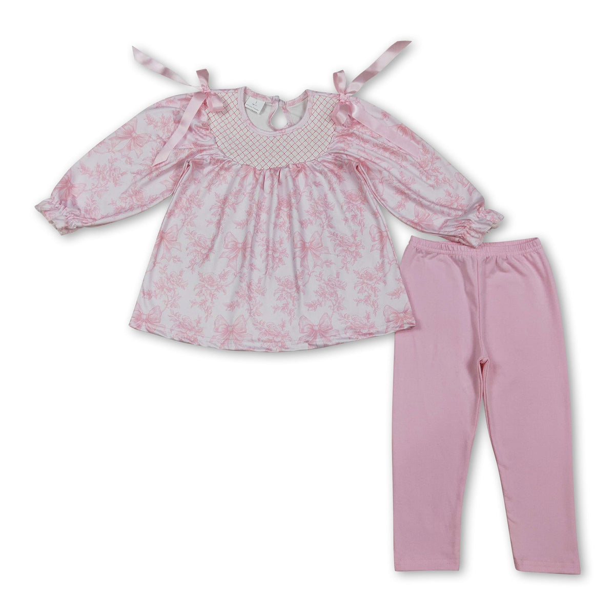 Long sleeves pink bow floral tunic leggings girls outfits