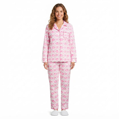 Pink bow pumpkin adult women button down fall pjs