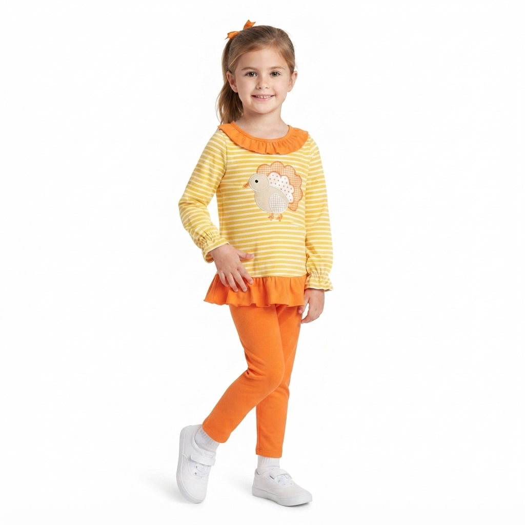 Turkey embroidery stripe top leggings girls Thanksgiving set