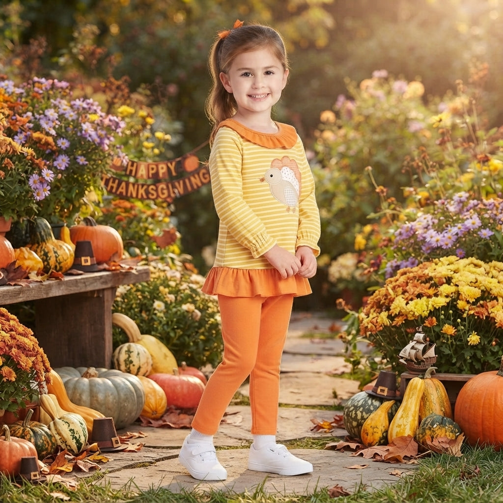 Turkey embroidery stripe top leggings girls Thanksgiving set