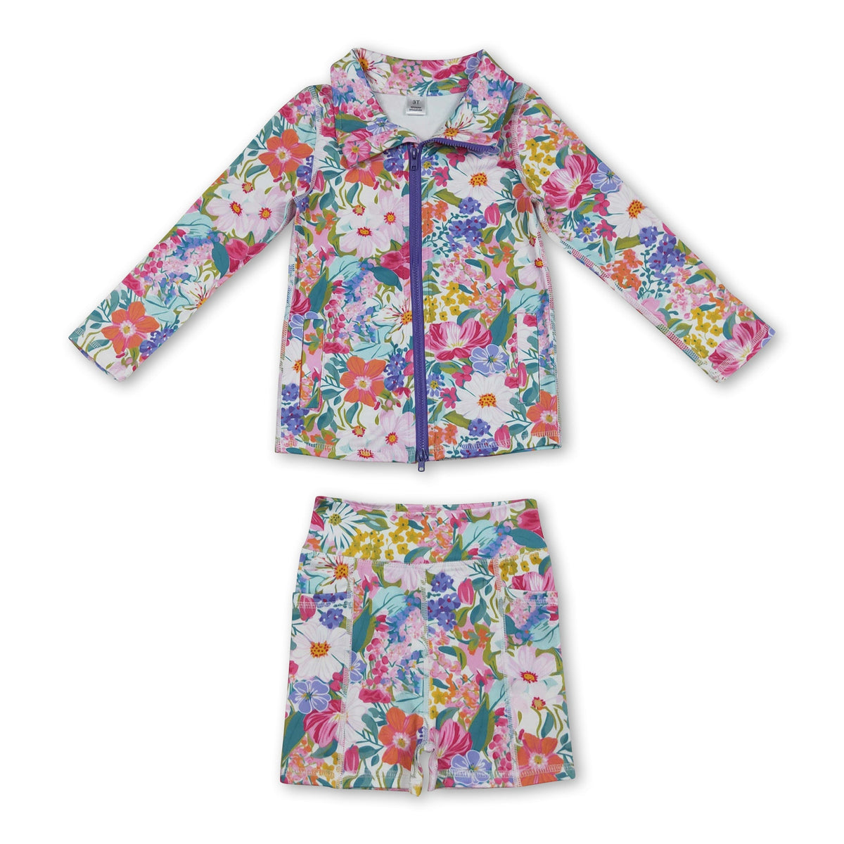 Long sleeves lavender floral top shorts girls activewear set