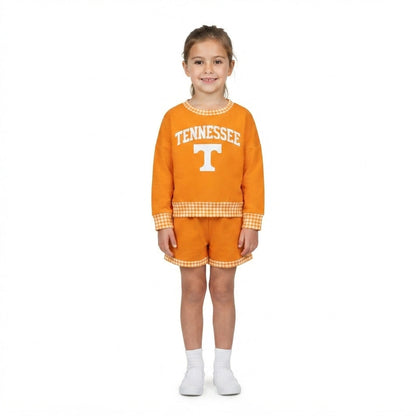 Long sleeves orange T vinyl top shorts girls team outfits