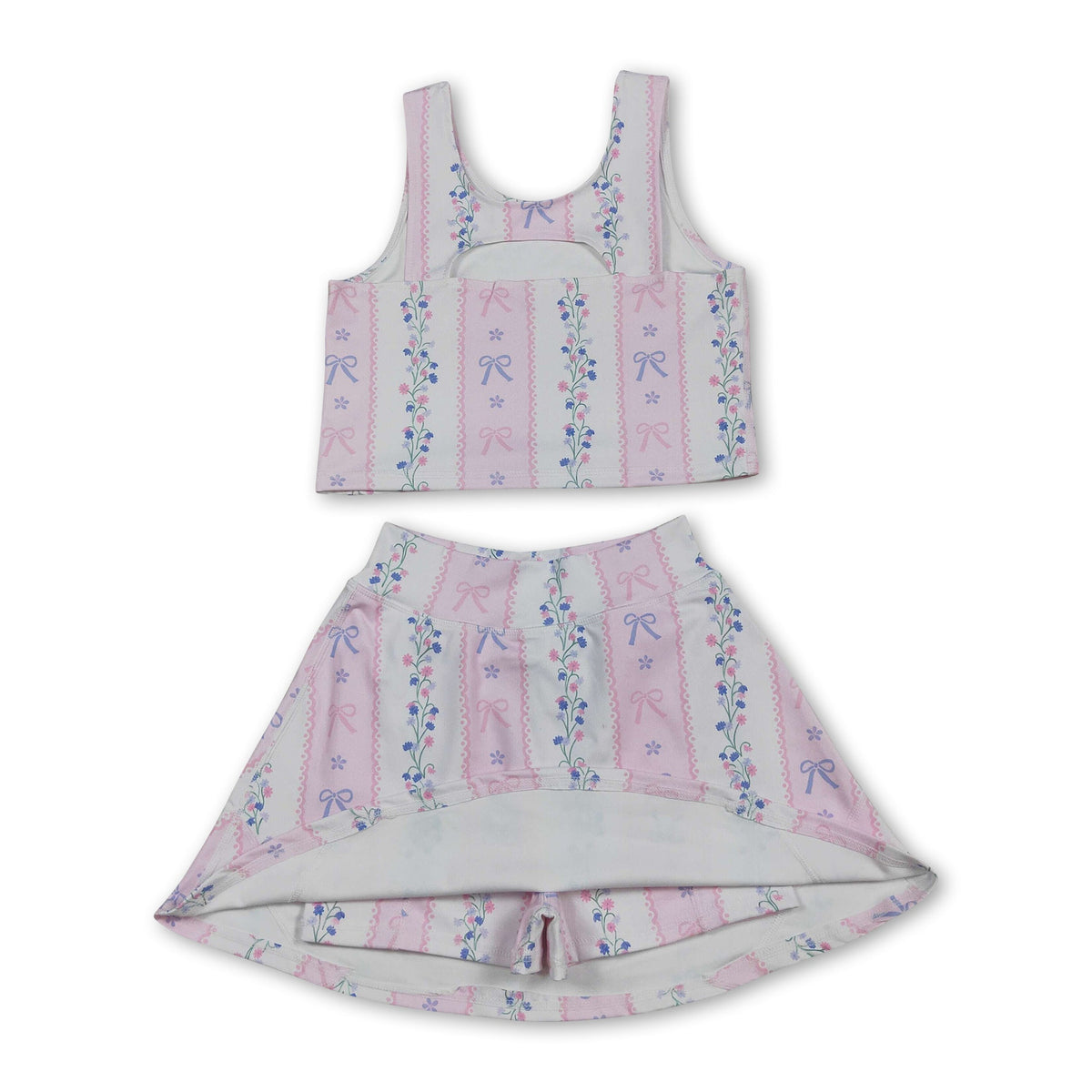 Sleeveless pink bow floral top skirt girls active wear set