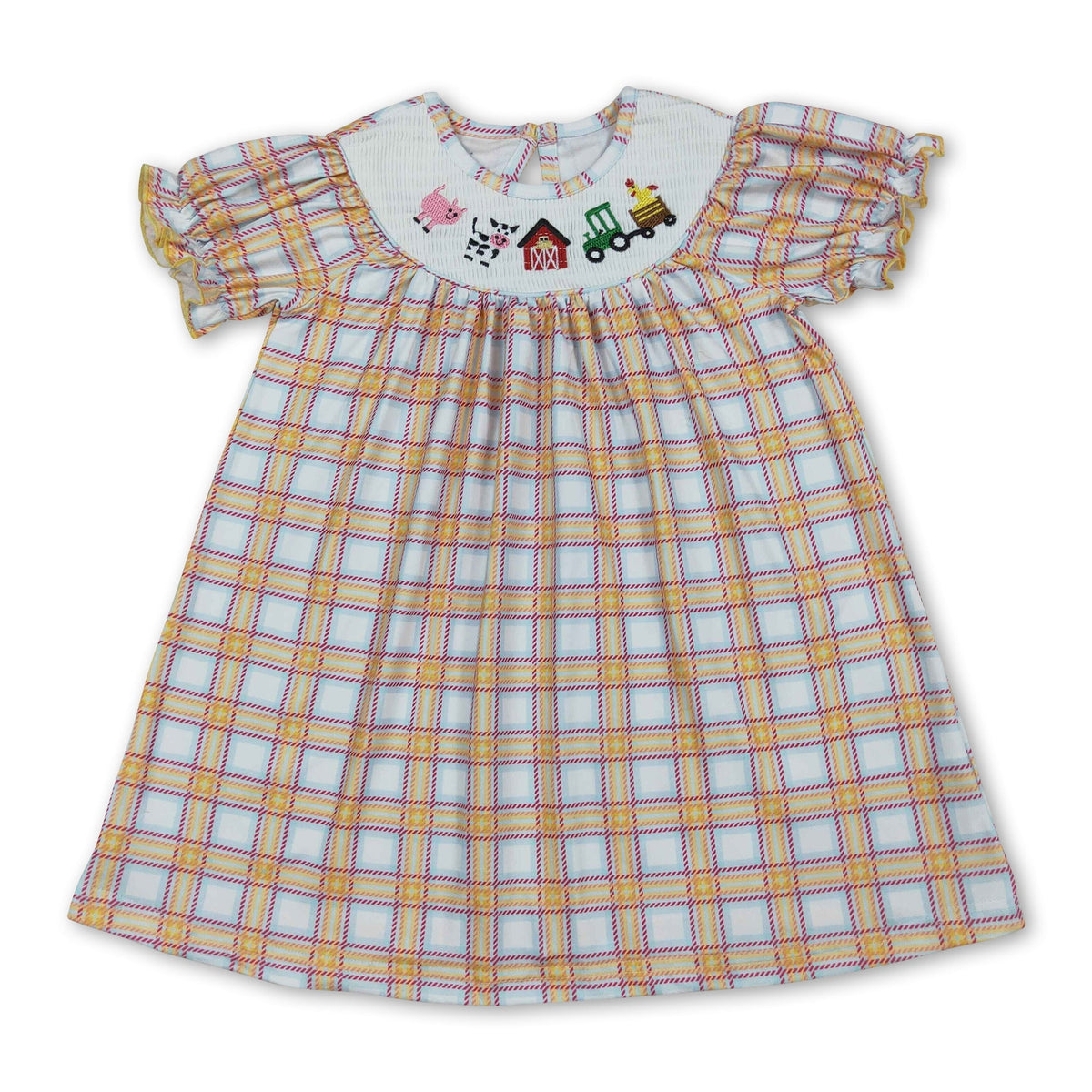 Cow tractor plaid short sleeves farm girls dresses