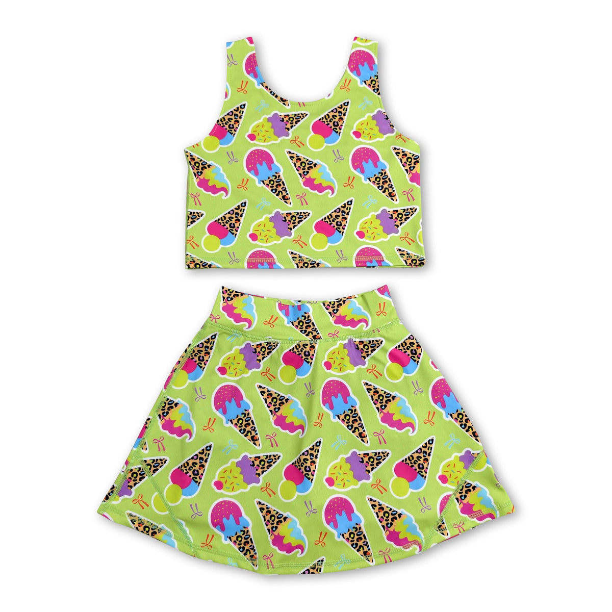 Sleeveless leopard ice cream bow girls activewear set