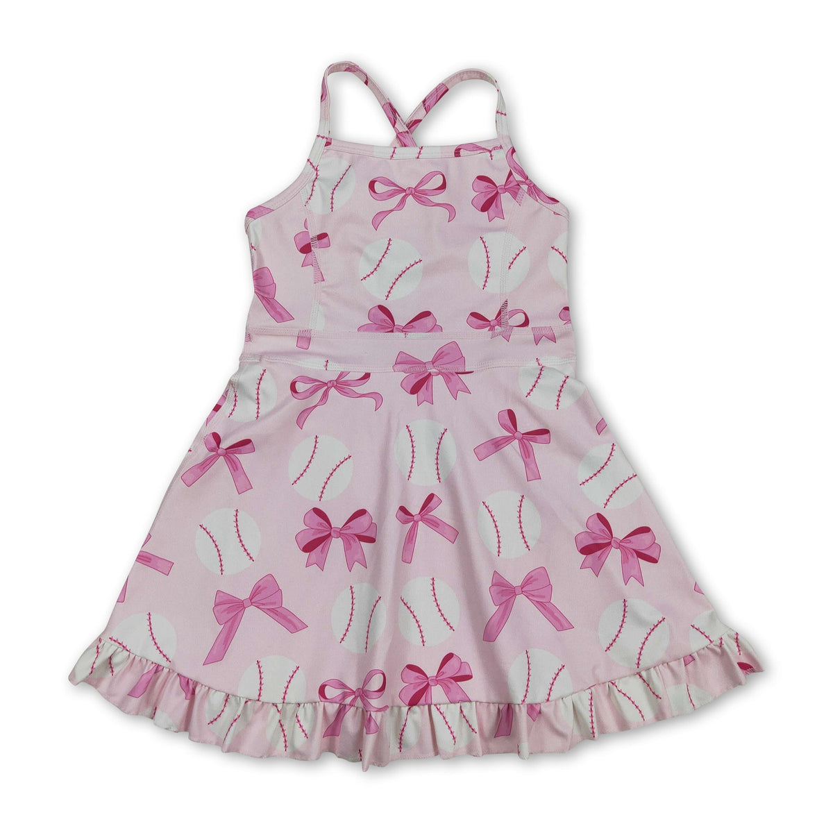 Straps pink bow baseball girls summer athletic dress