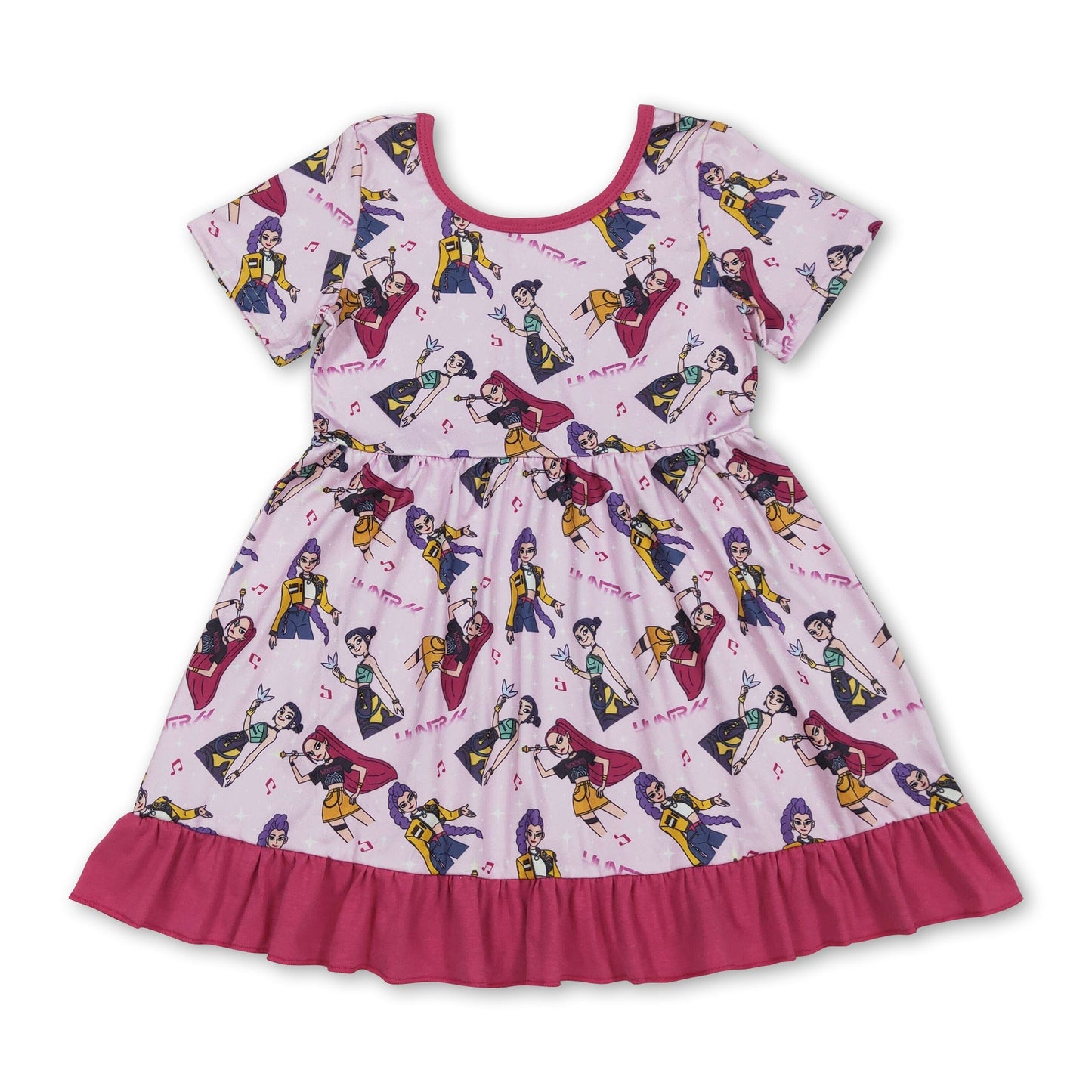 Pink short sleeves music kids girls ruffle dresses