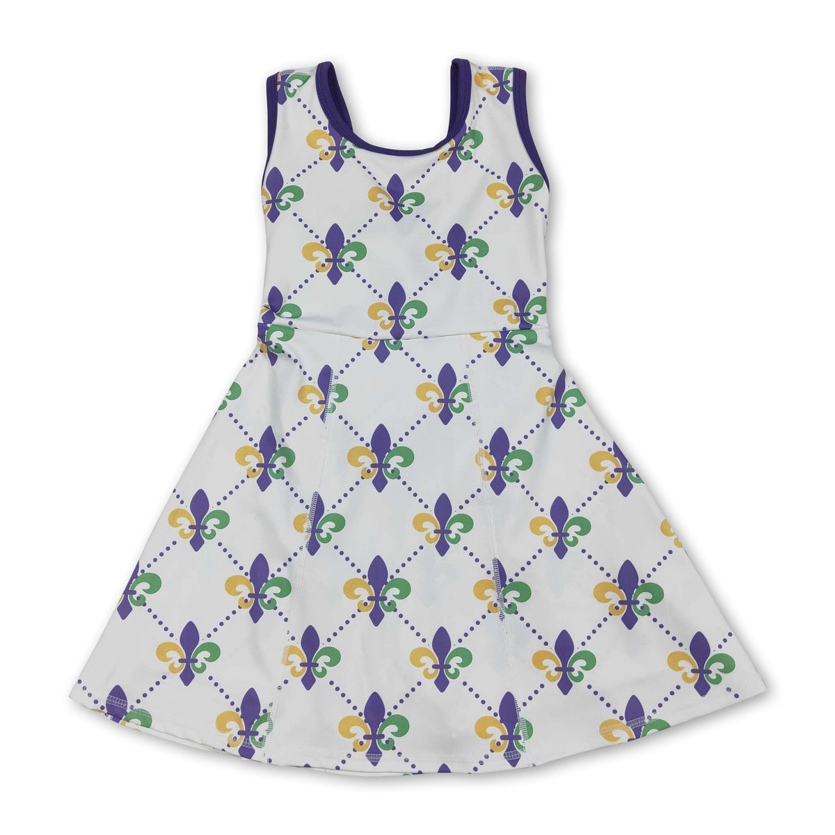 Purple green yellow sleeveless girls Mardi Gras athletic dress