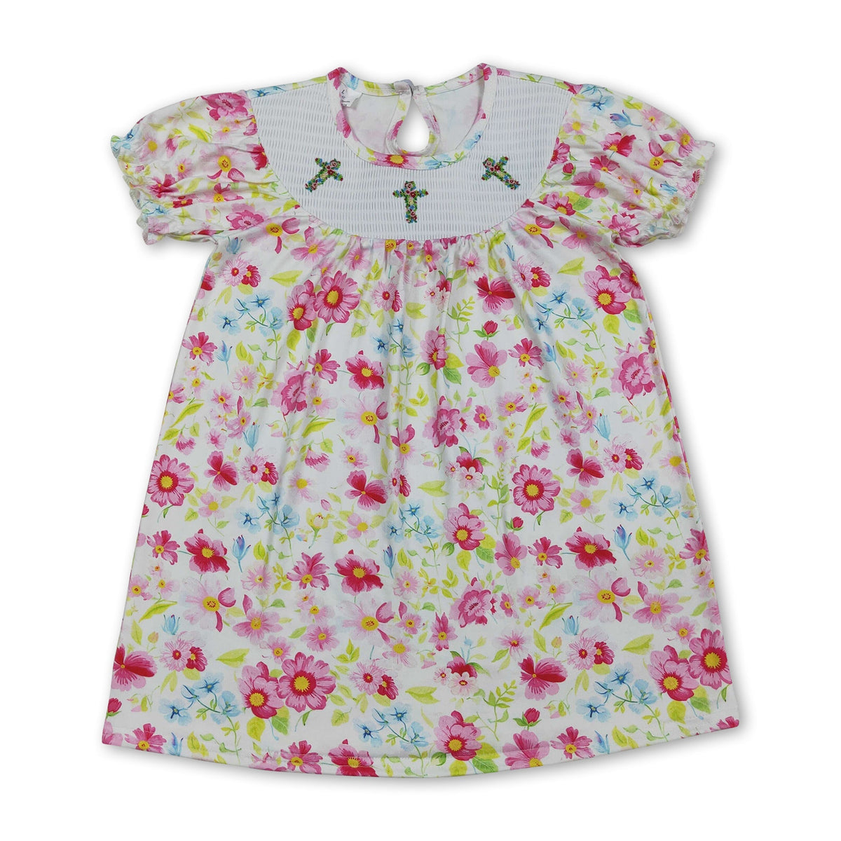 Floral short sleeves cross smocked baby girls Easter dress