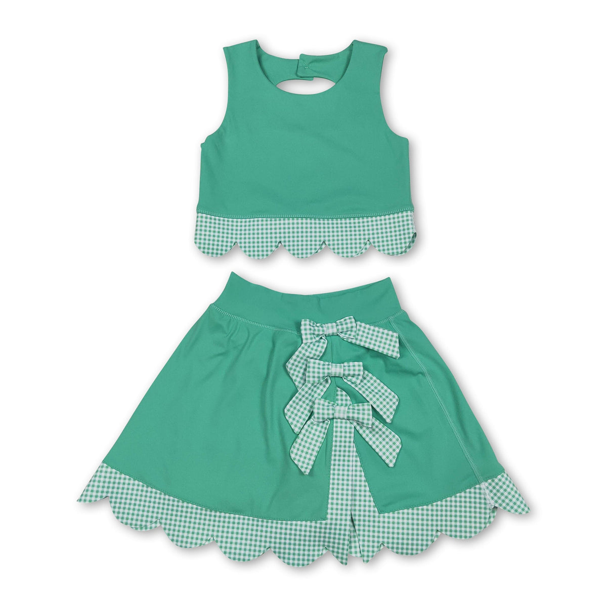 Sleeveless green crop top plaid bow skirt kids girls active set