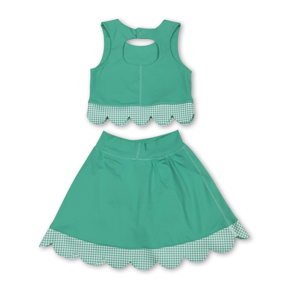 Sleeveless green crop top plaid bow skirt kids girls active set