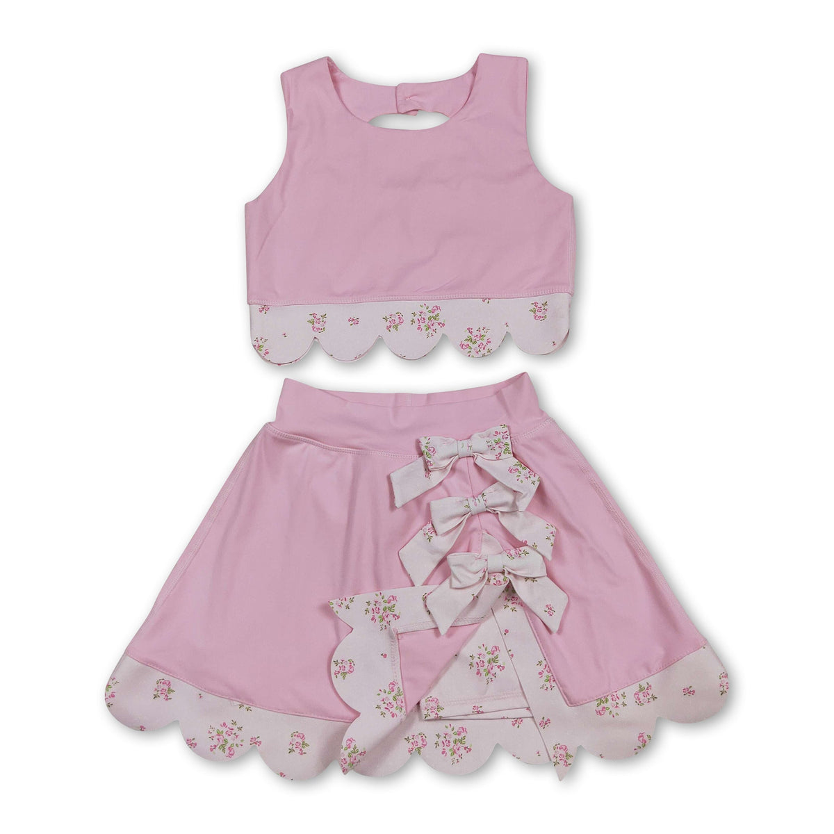 Pink sleeveless bow scallop kids girls active wear set