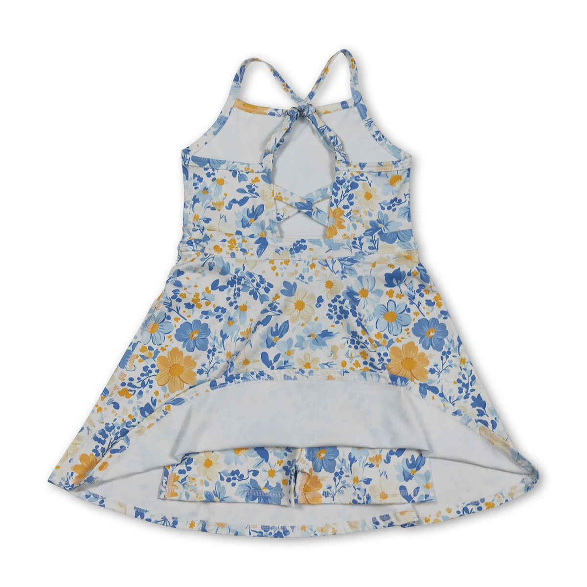 Straps blue yellow floral kids girls athletic dresses