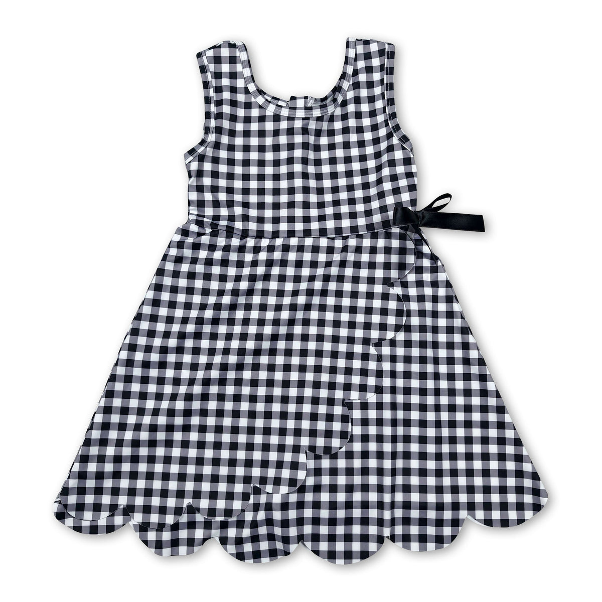 Sleeveless black plaid scallop kids girls athletic dresses