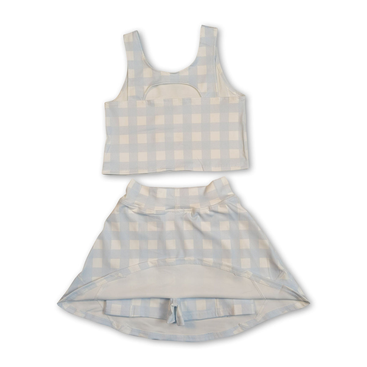 Sleeveless sky blue plaid crop top skirt kids girls activewear set