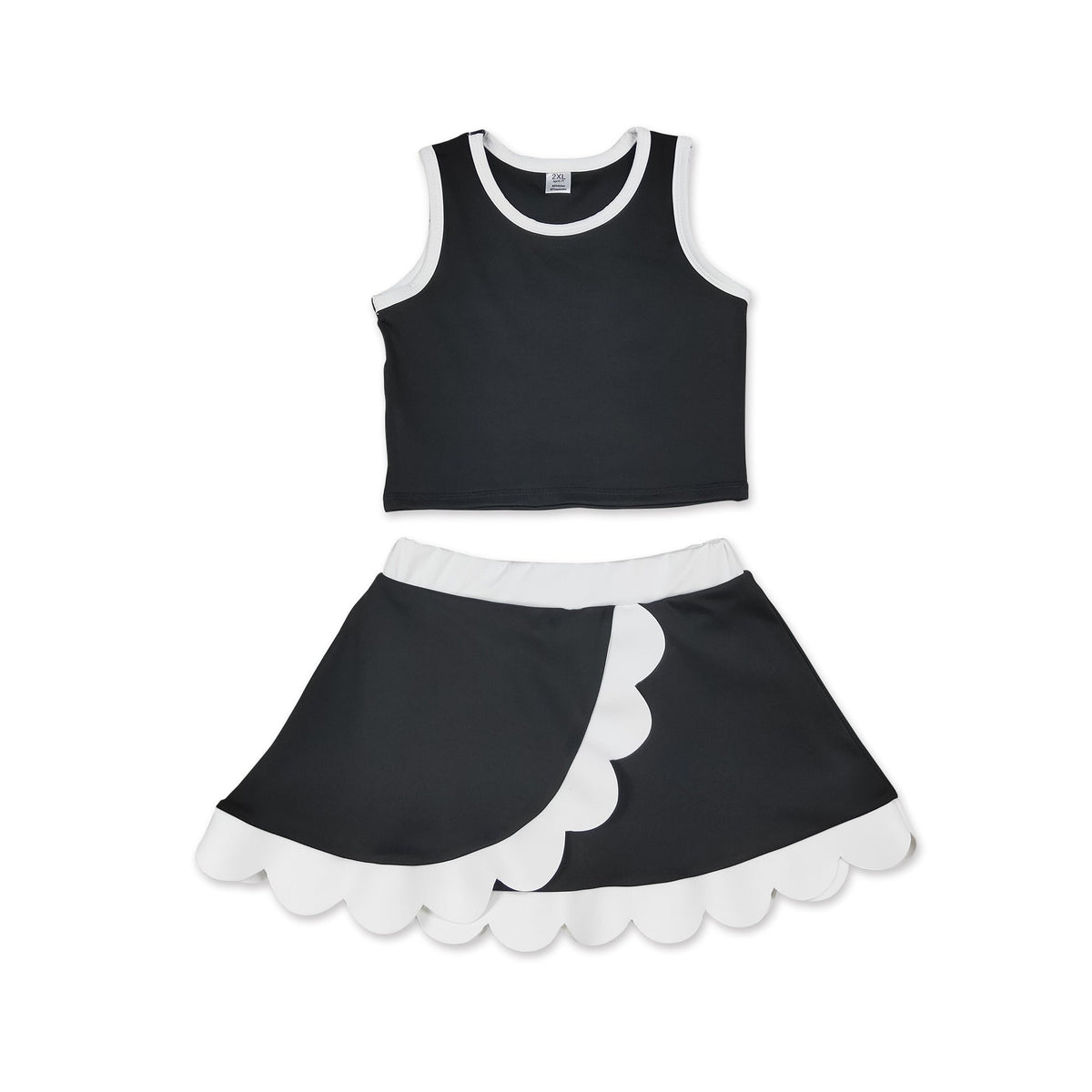 Sleeveless black white scallop kids girls active wear set