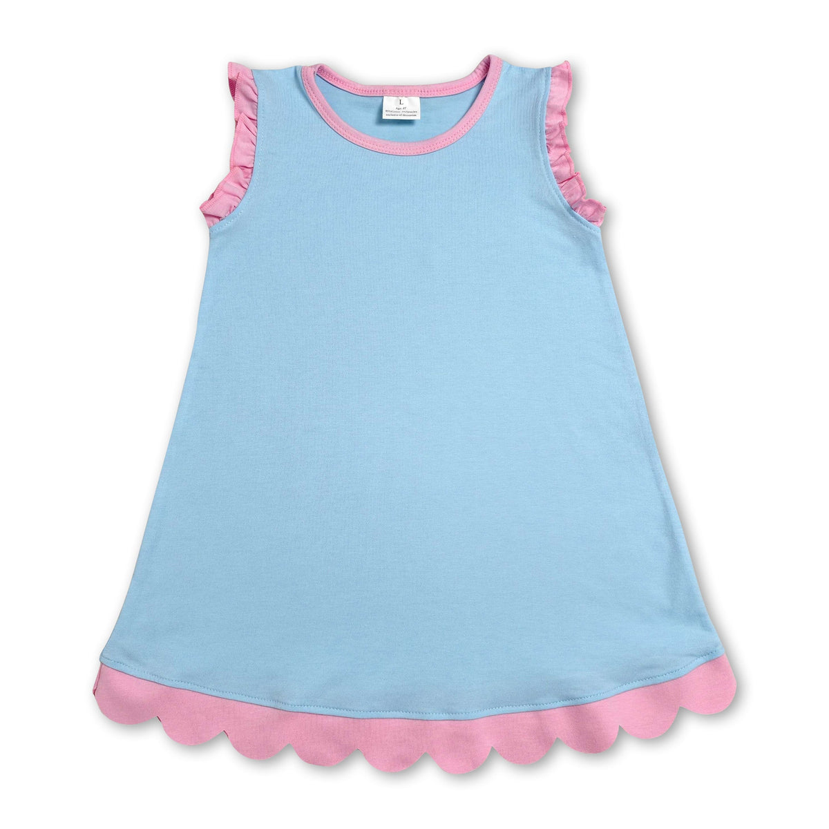 Pink scallop ruffle sleeveless light blue girls cotton dress
