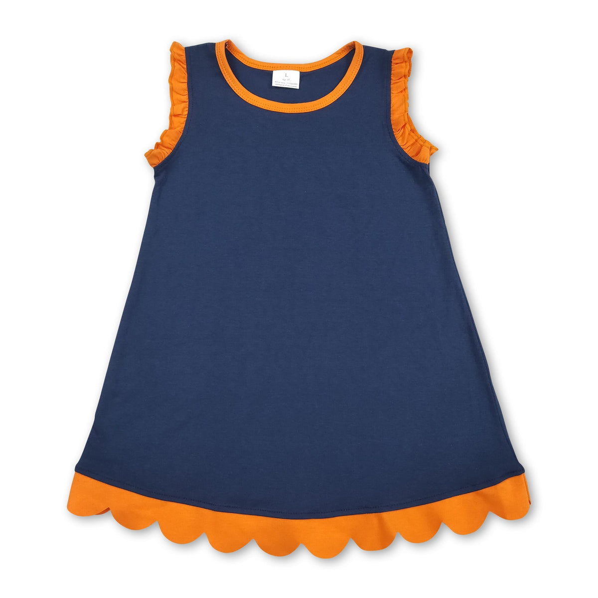 Orange scallop ruffle sleeveless navy girls cotton team dress