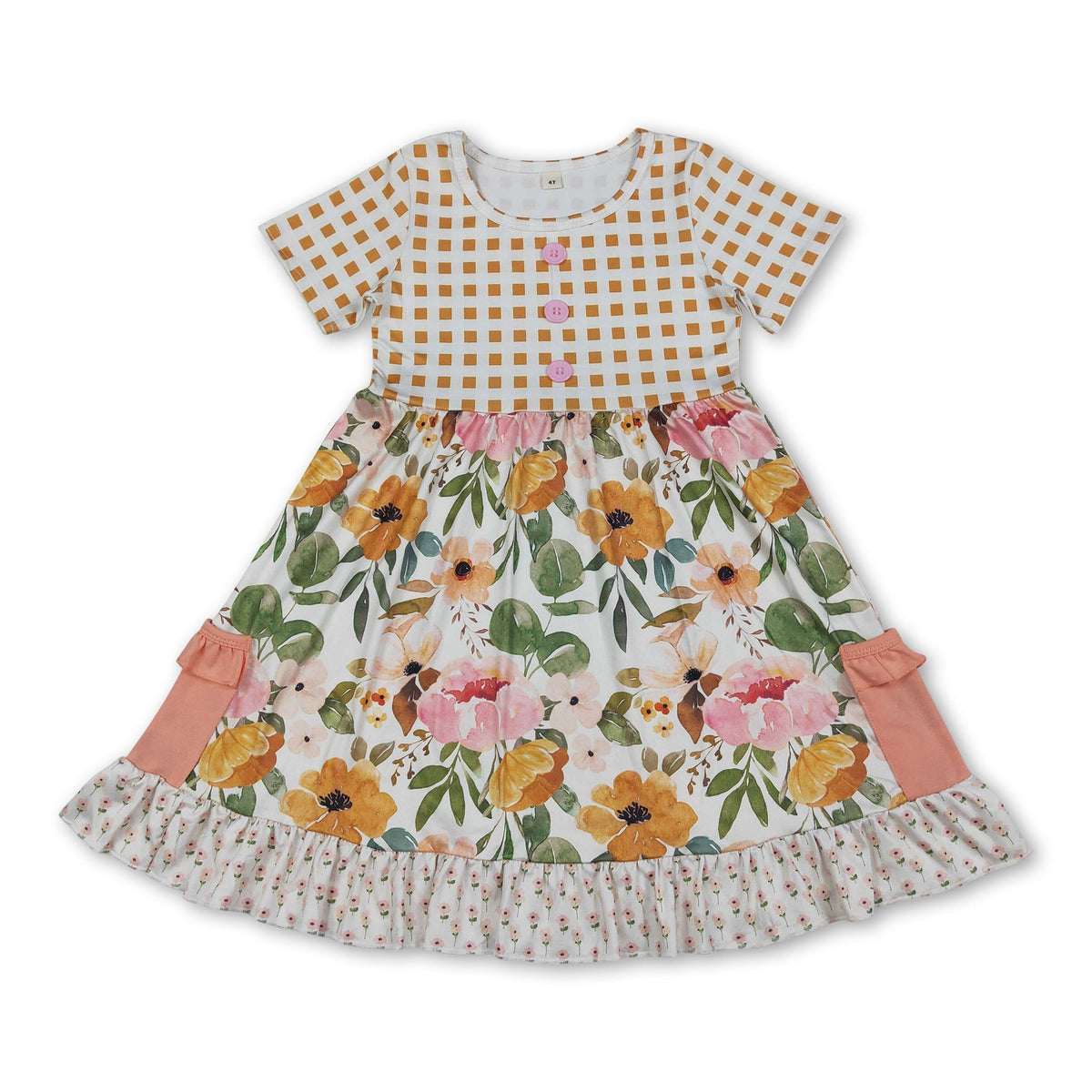 Plaid short sleeves pocket ruffle kids girls summer dress