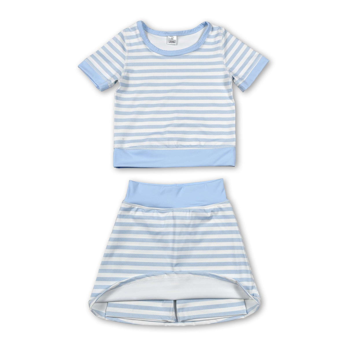 Short sleeves light blue stripe top skirt girls active wear set