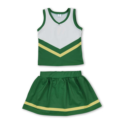 Sleeveless green yellow top skirt girls team cheer active set