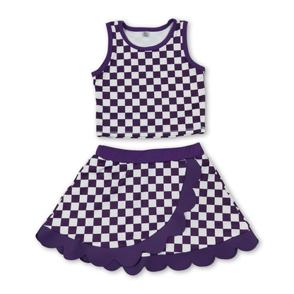 Scallop blue plaid girls summer team active wear set