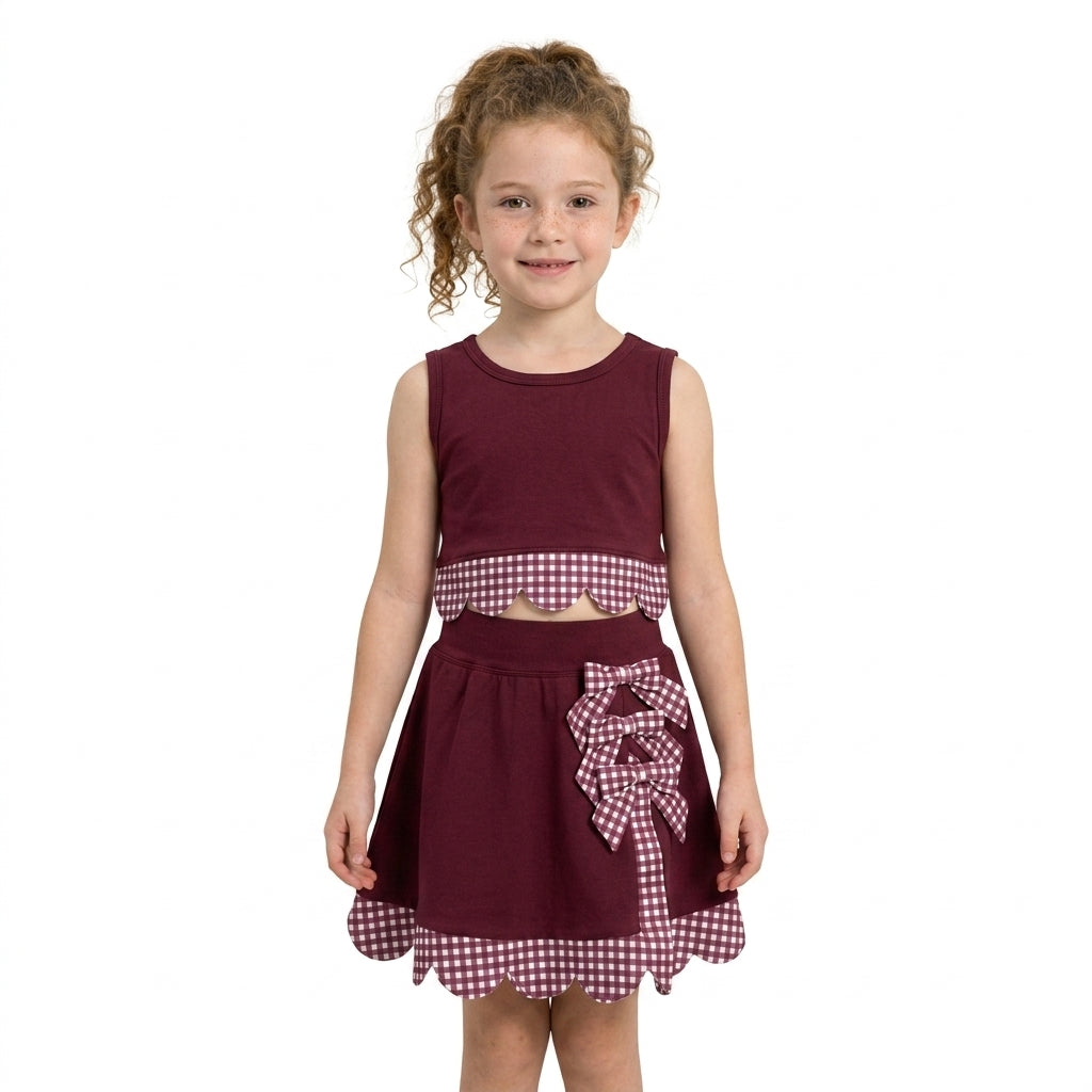 Sleeveless maroon plaid scallop girls summer active wear set