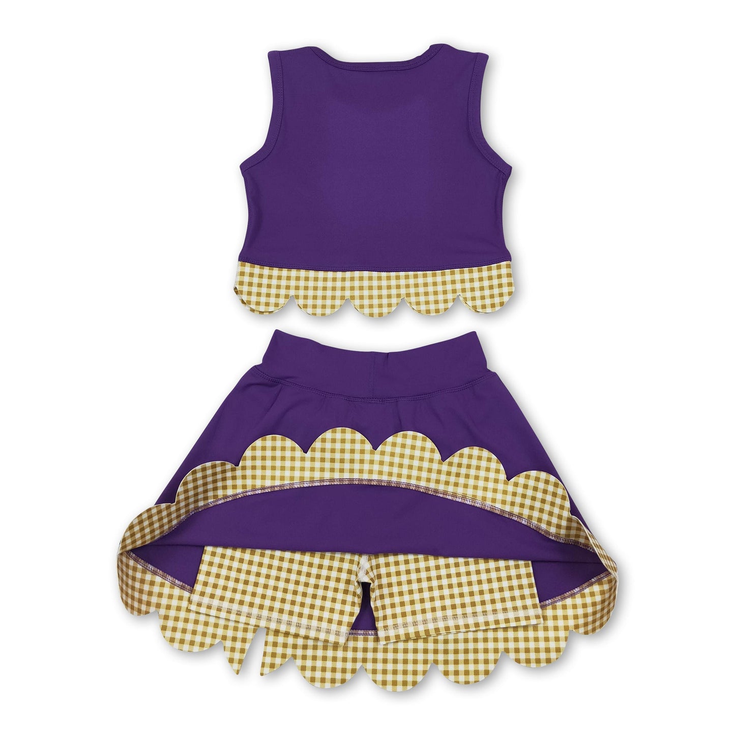 Sleeveless plaid scallop purple girls summer active wear set