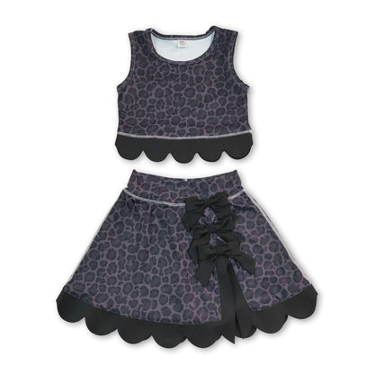 Sleeveless black leopard scallop top skirt girls active set