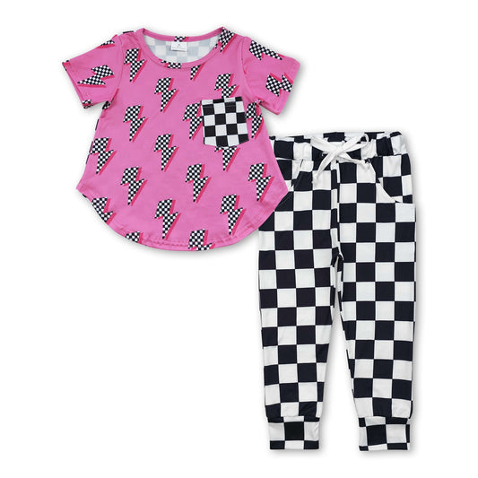 Short sleeves thunder top plaid pants boys clothing set
