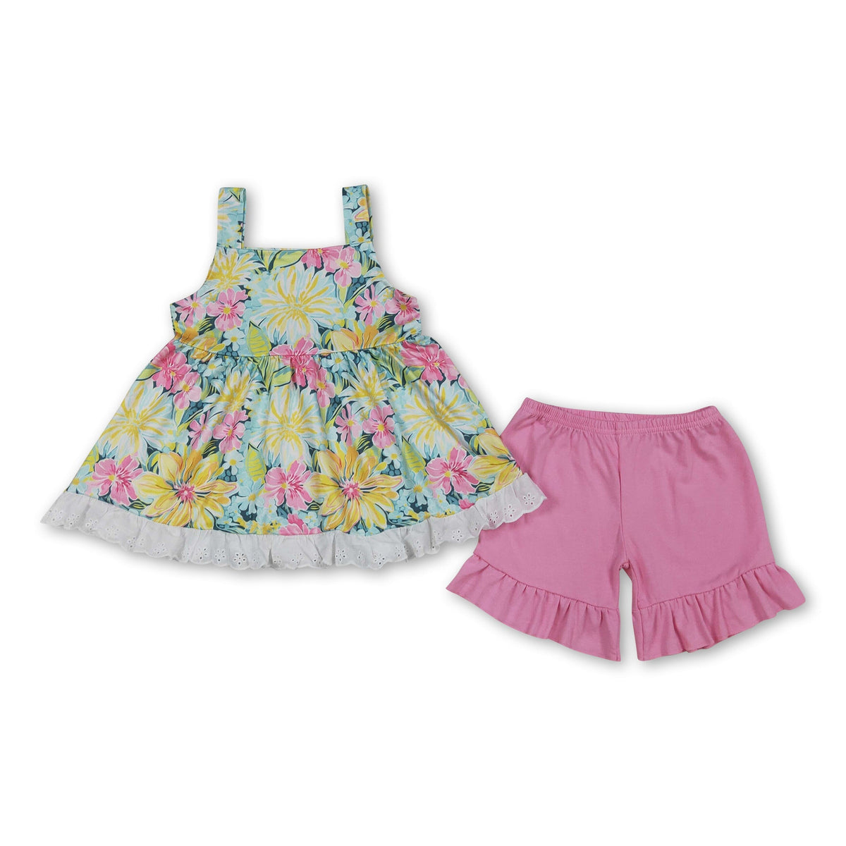 Sleeveless floral tunic pink ruffle shorts girls outfits