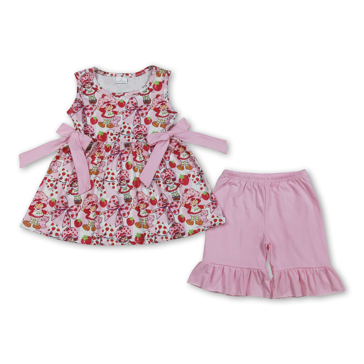 Sleeveless strawberry bow tunic ruffle shorts girls outfits