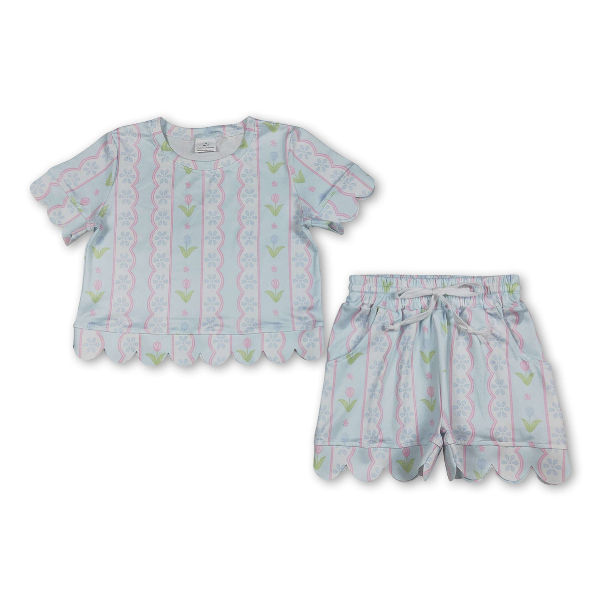 Short sleeves light blue floral scallop kids girls summer outfits