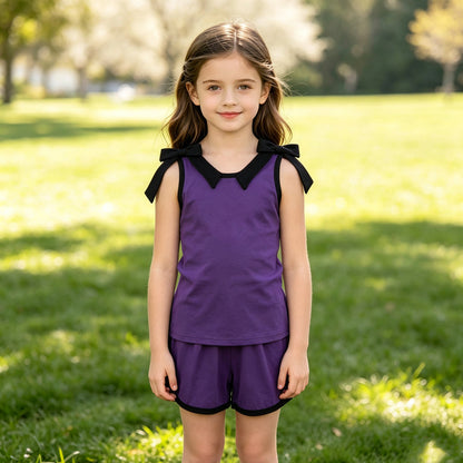 Sleeveless black bow purple top shorts girls outfits