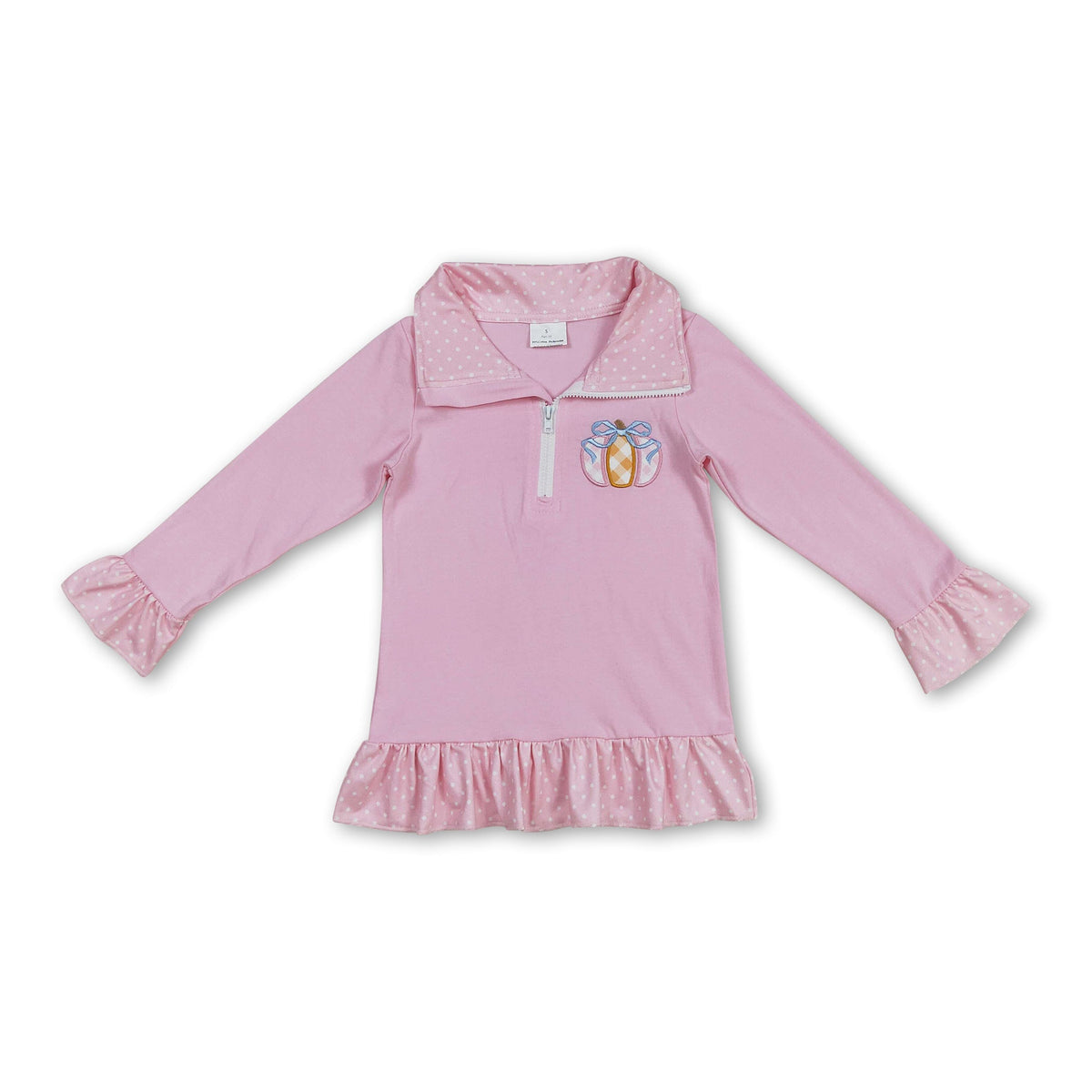 Pink polka dots pumpkin bow ruffle kids girls zip pullover