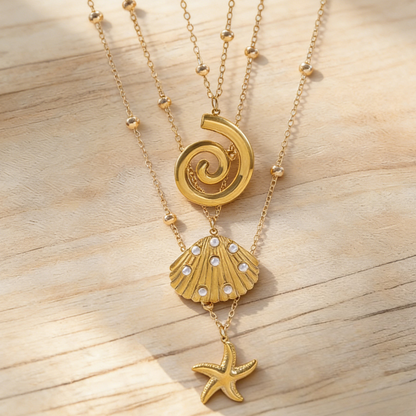 Stainless Steel Starfish & Shell Pendant Necklace