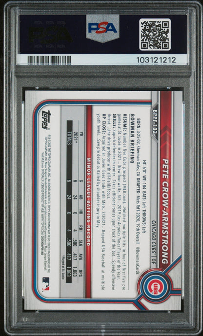 Graded 2022 Topps Bowman 1st Edition Pete Crow Armstrong #BPPF102 Sky Blue Foil Rookie RC Baseball Card PSA 10 Gem Mint
