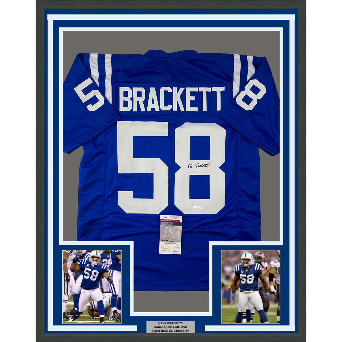 Framed Autographed/Signed Gary Brackett 35x39 Indianapolis Blue Football Jersey JSA COA