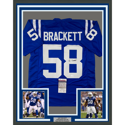 Framed Autographed/Signed Gary Brackett 35x39 Indianapolis Blue Football Jersey JSA COA