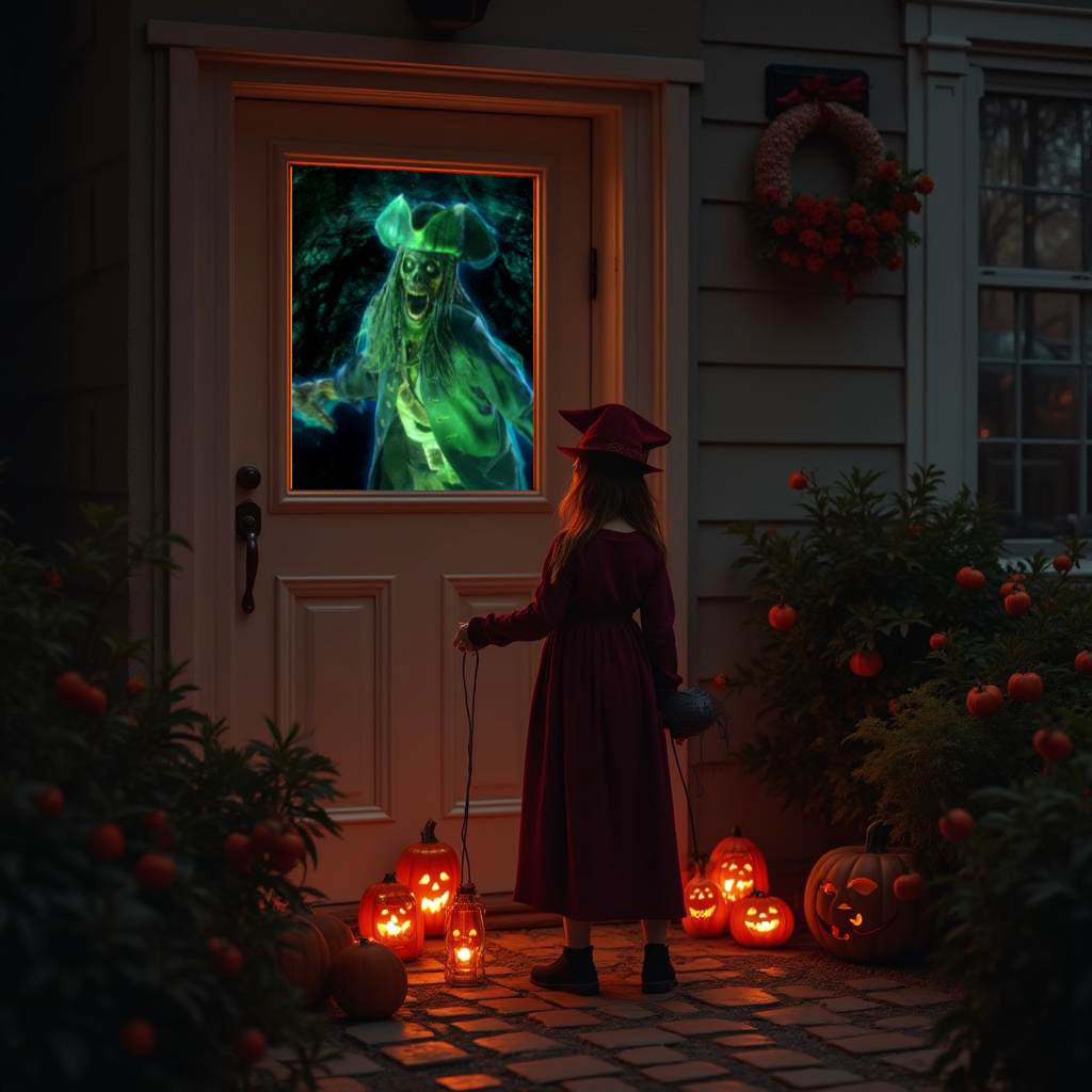 AtmosFX Halloween Digital Decoration USB- -Ghostly Jump Scares + 5.5 ft x 9 ft Projection Screen