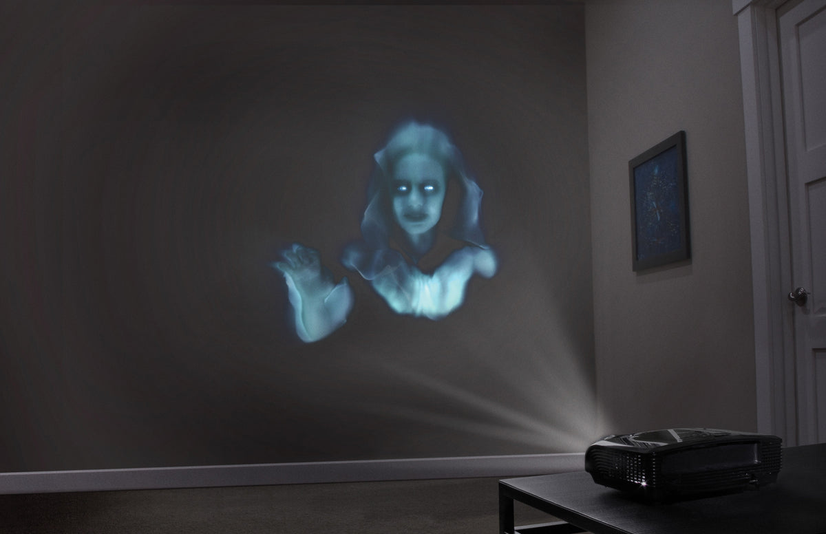 AtmosFX Halloween Digital Decoration USB- -Ghostly Jump Scares + 5.5 ft x 9 ft Projection Screen