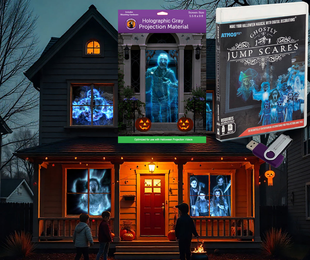AtmosFX Halloween Digital Decoration USB- -Ghostly Jump Scares + 5.5 ft x 9 ft Projection Screen
