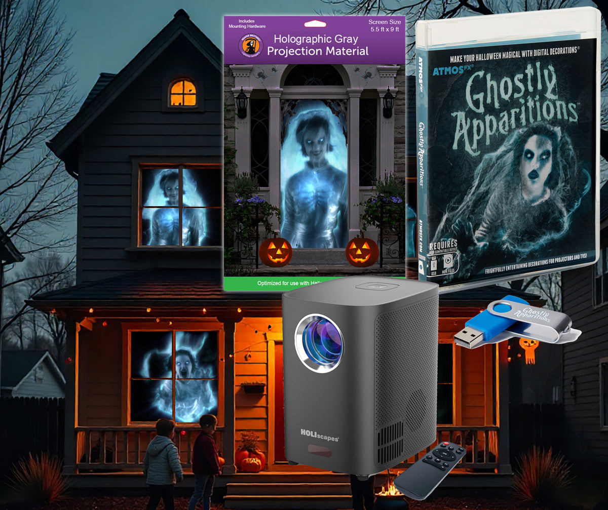 HoliScapes® USB Projector Kit - Ghostly Apparitions + Projector + 5.5 ft x 9 ft Projection Screen