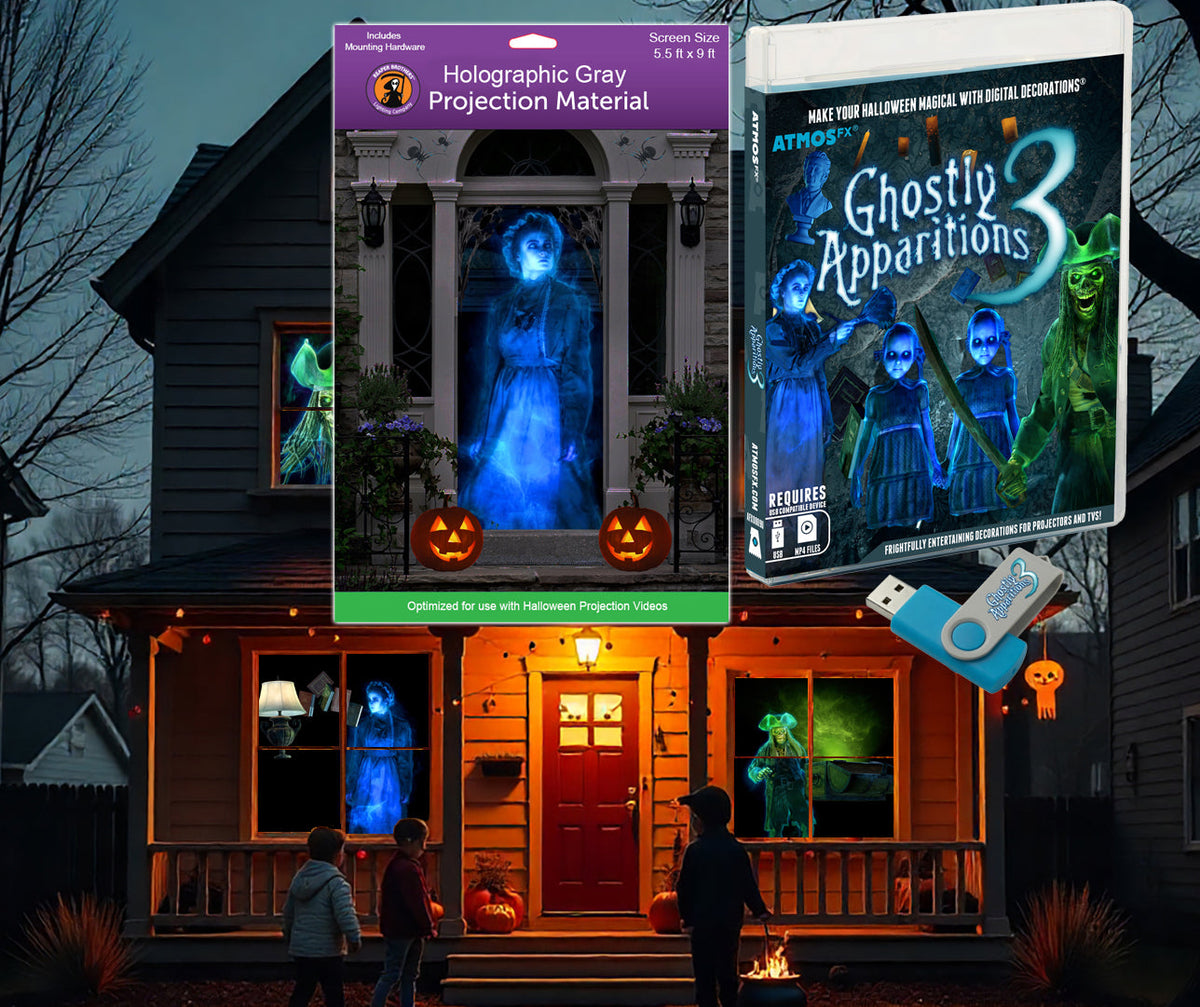 AtmosFX Halloween Digital Decoration USB - Ghostly Apparitions 3 + 5.5 ft x 9 ft Projection Screen