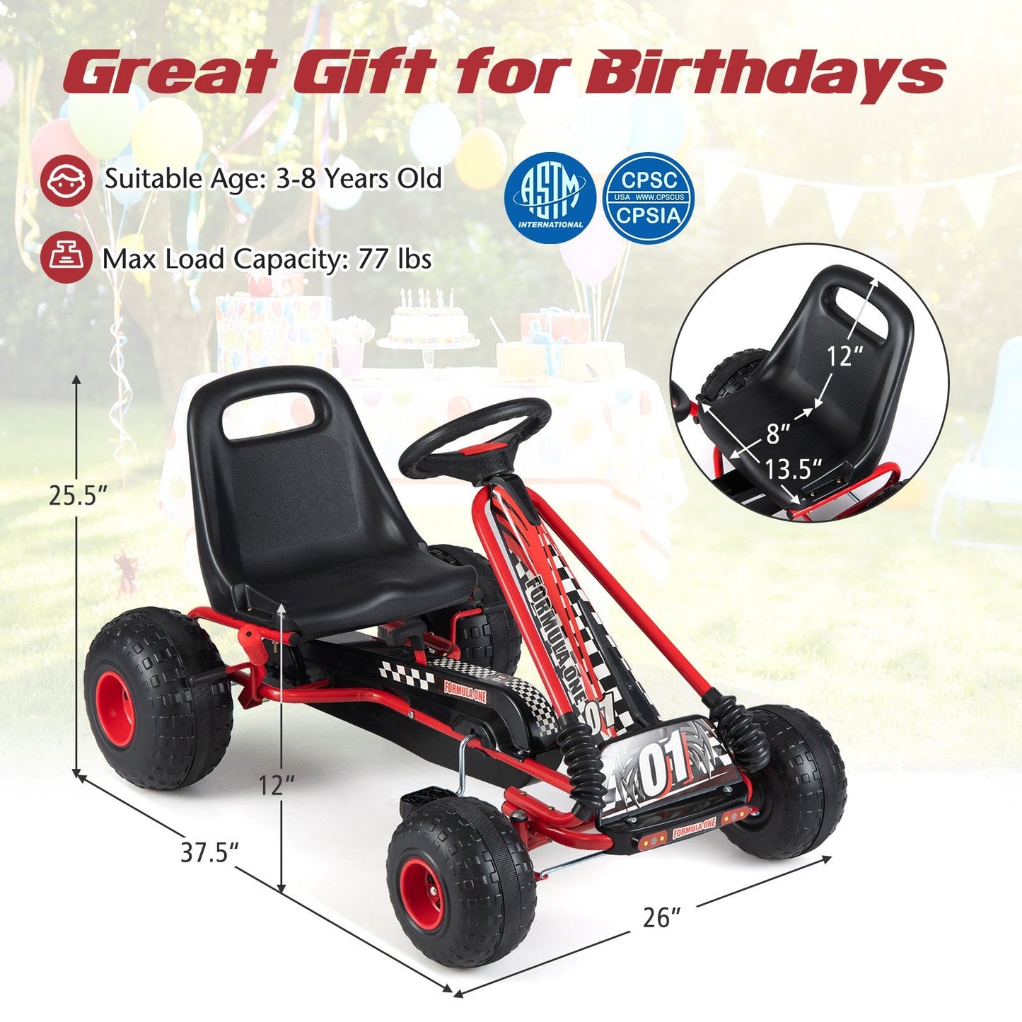Go Kart for Kids 4 Wheels Pedal with Adjustable Seat and Multi-Terrain Wheels