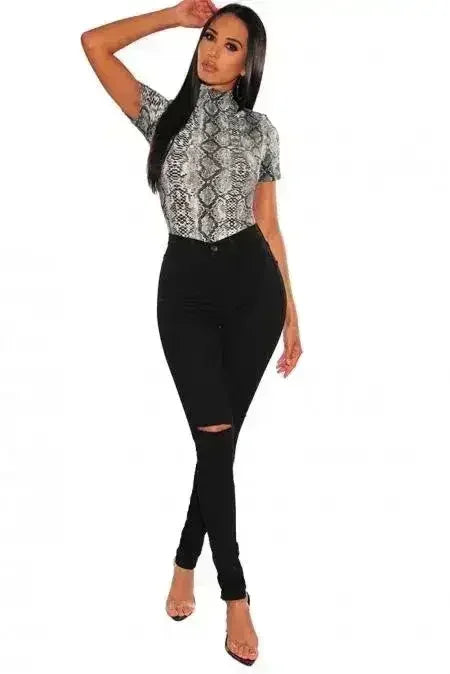 Gray Snake Print Mock Neck Short Sleeves Bodysuit